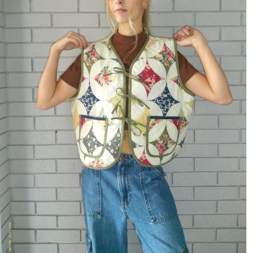 80's Floral Diamonds XL Quilted Vest Rework