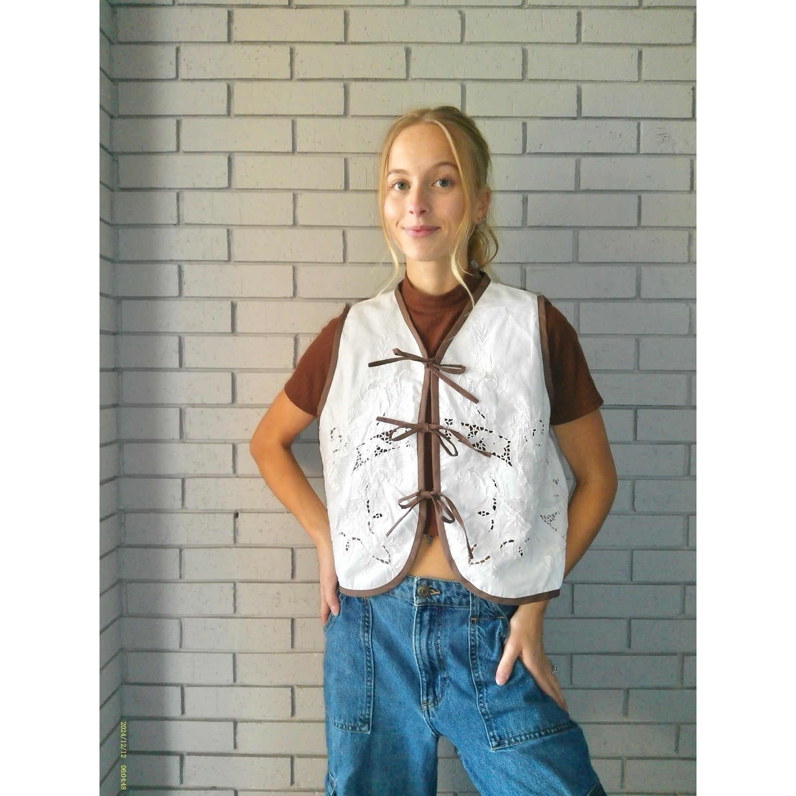 Neutral Lace Medium Linen Tie Top Rework