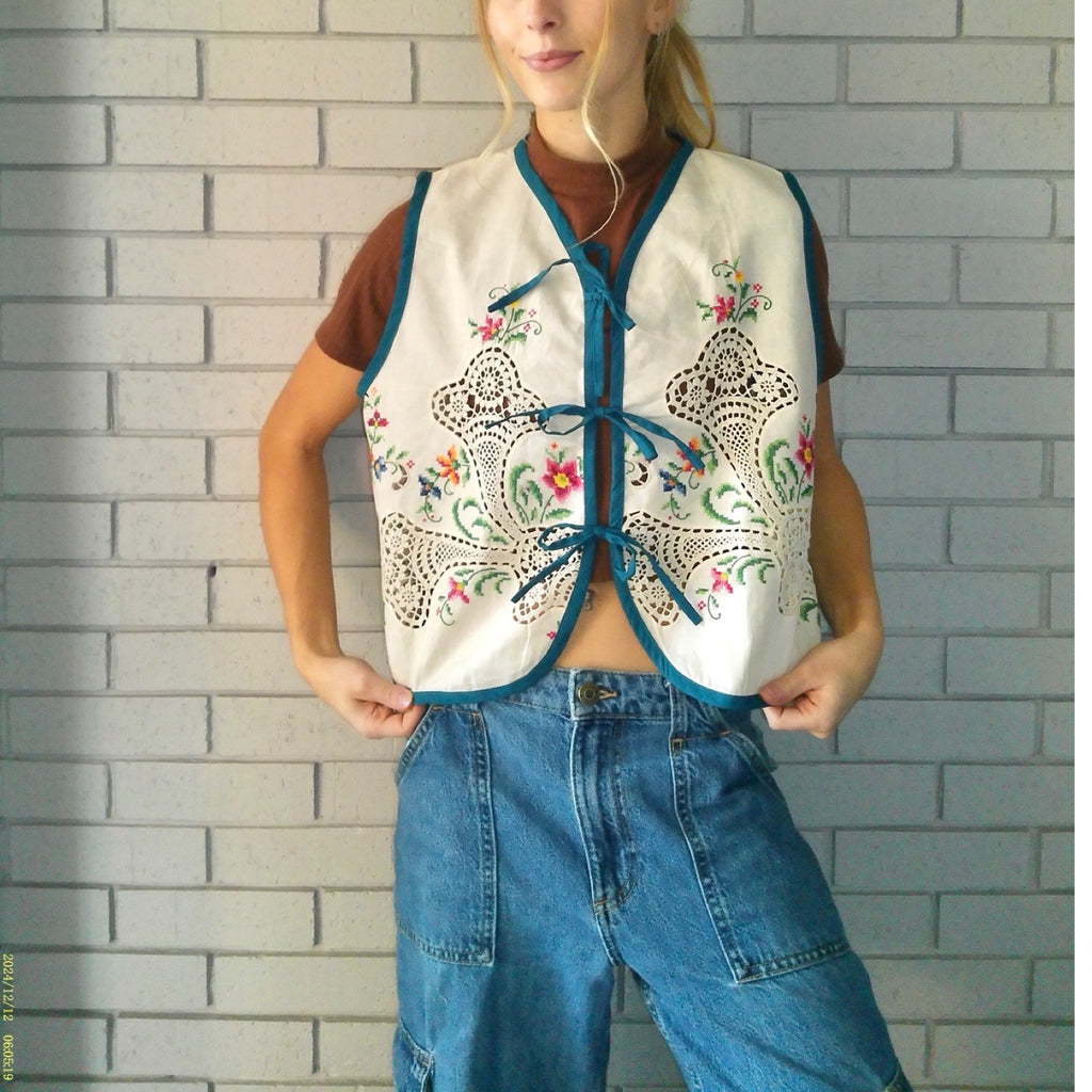 Laced in Florals Medium Linen Tie Top Rework
