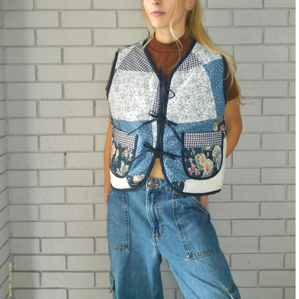 Blue & White Mosaic Quilted Vest Reworks