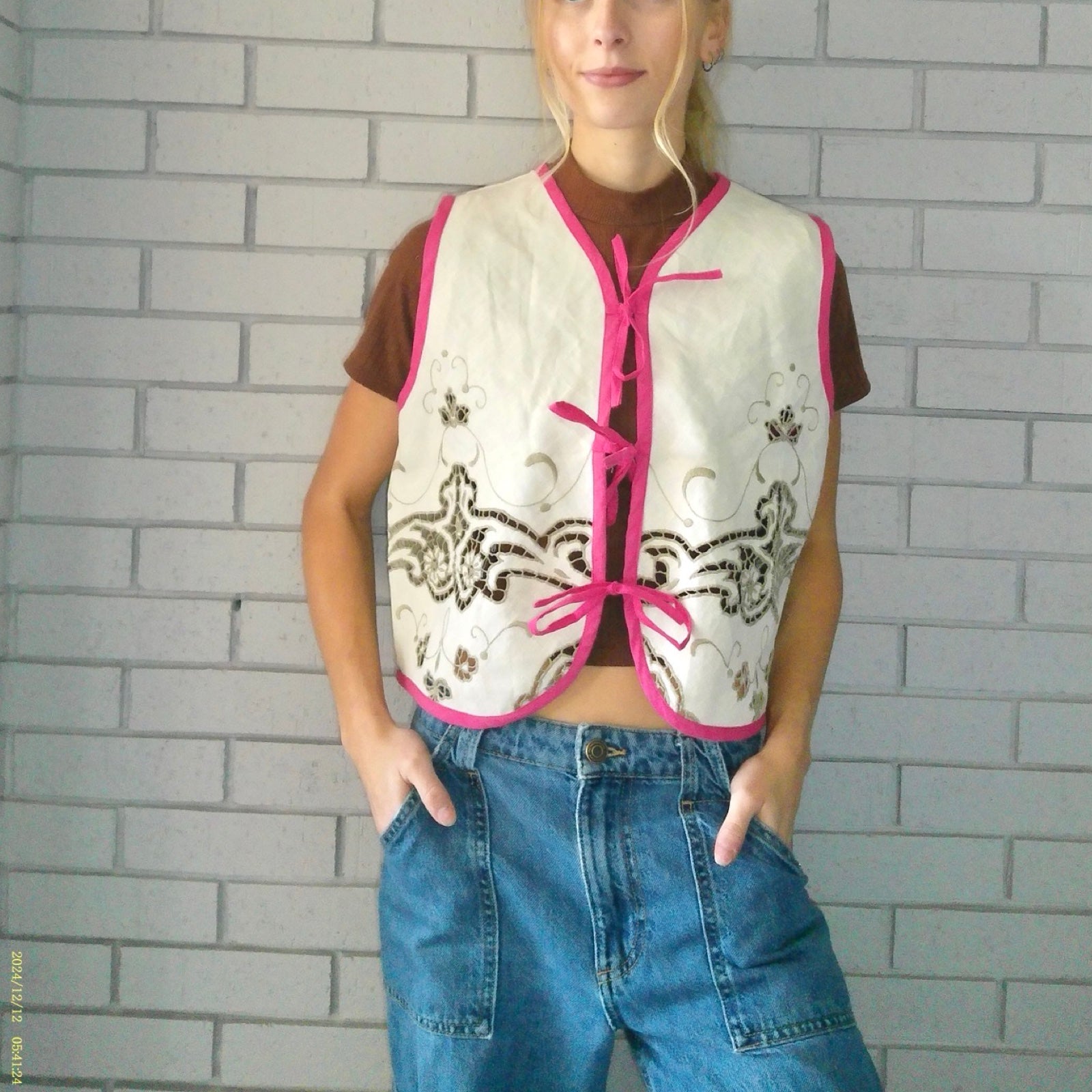Fuchsia & Florals Small Linen Tie Top Rework