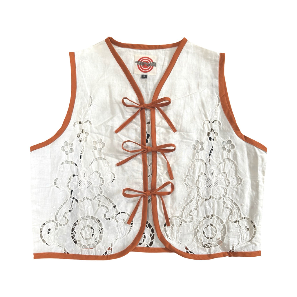 Burnt Orange & Lace Small Linen Tie Top Rework