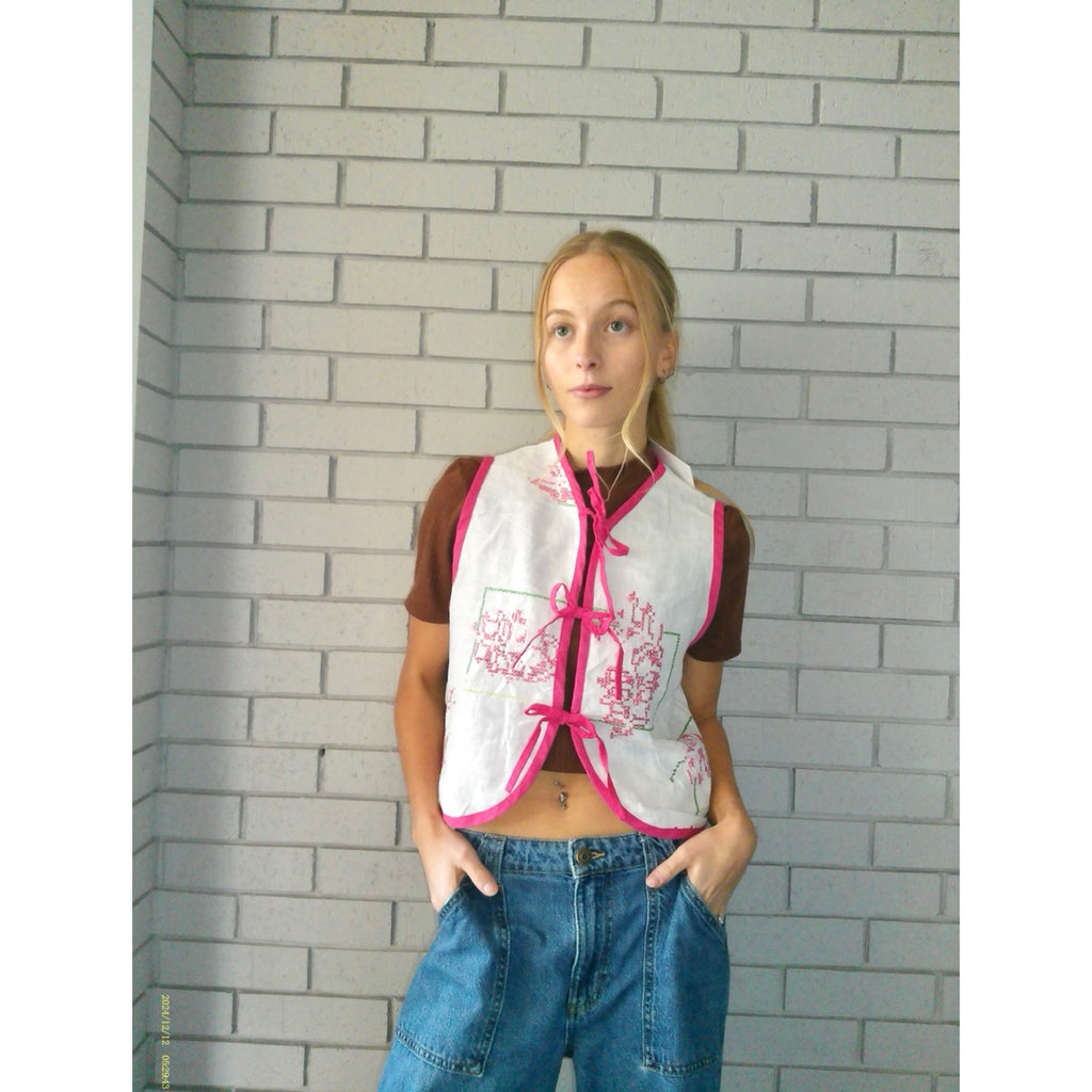 Pink Embroidery XS Linen Tie Top Rework