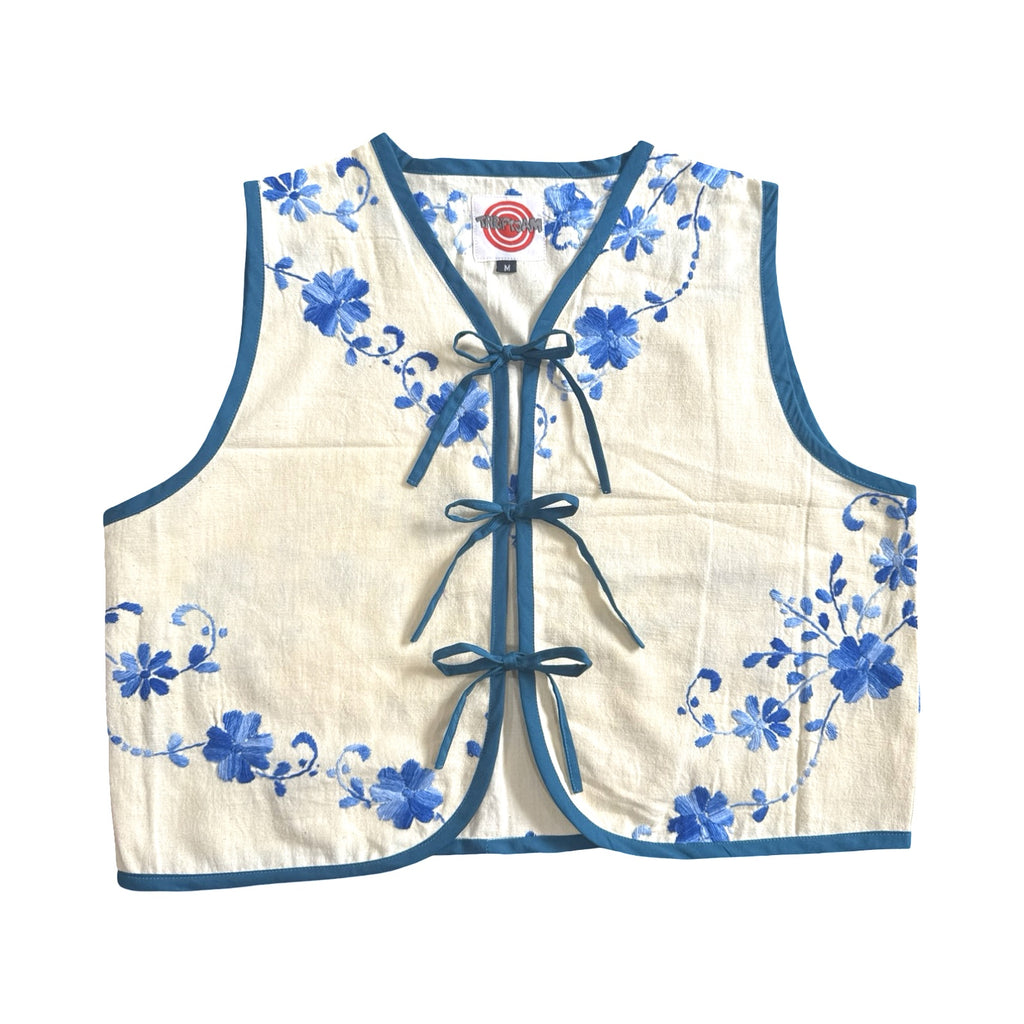 Off White Ocean Floral Medium Linen Tie Top Rework