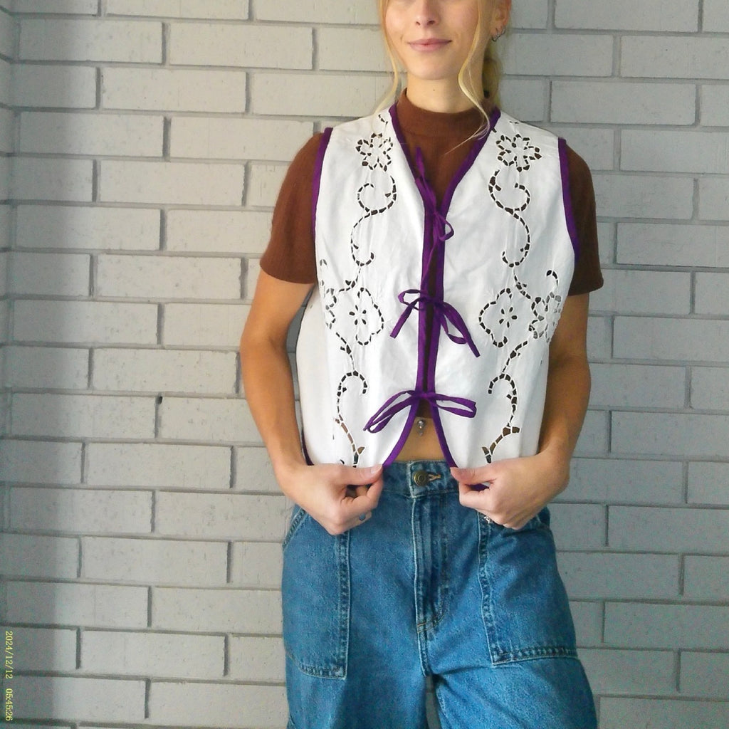 Purple Lace Small Linen Tie Top Rework