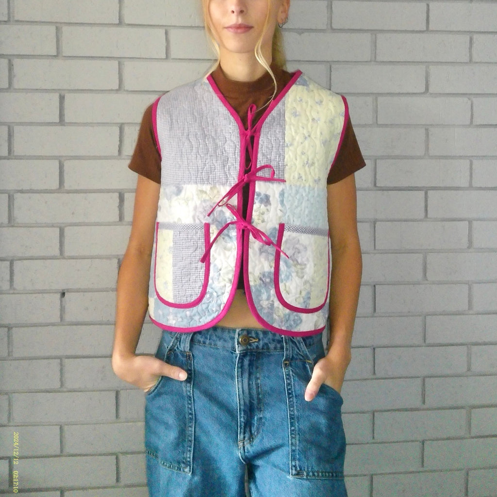 Blue Gingham & Florals Quilted Vest Rework