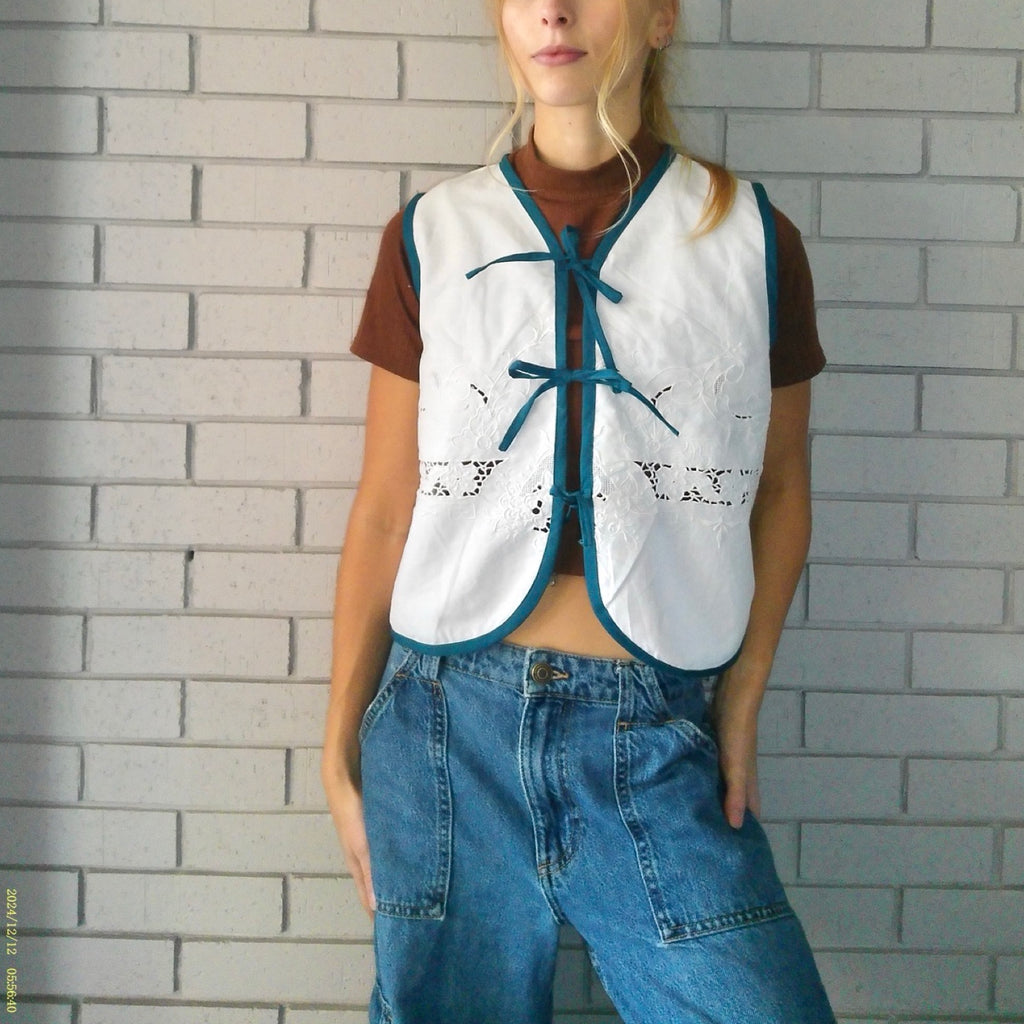 Turquoise Lace Small Linen Tie Top Rework