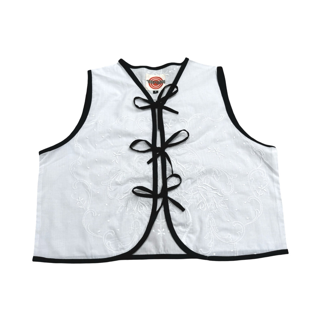 White on Black Small Linen Tie Top Rework