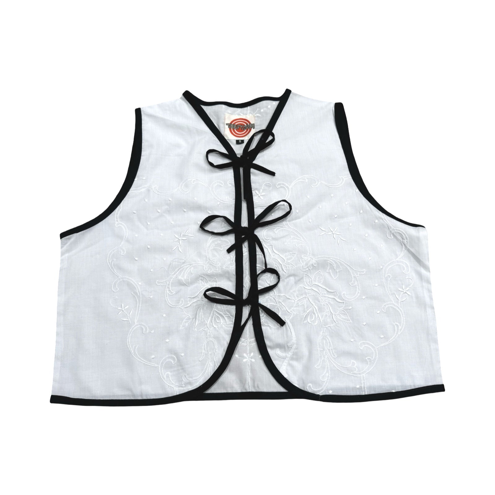 White on Black Small Linen Tie Top Rework