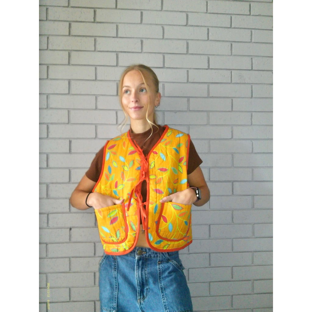 Orange Leaves Medium Quilted Vest Rework