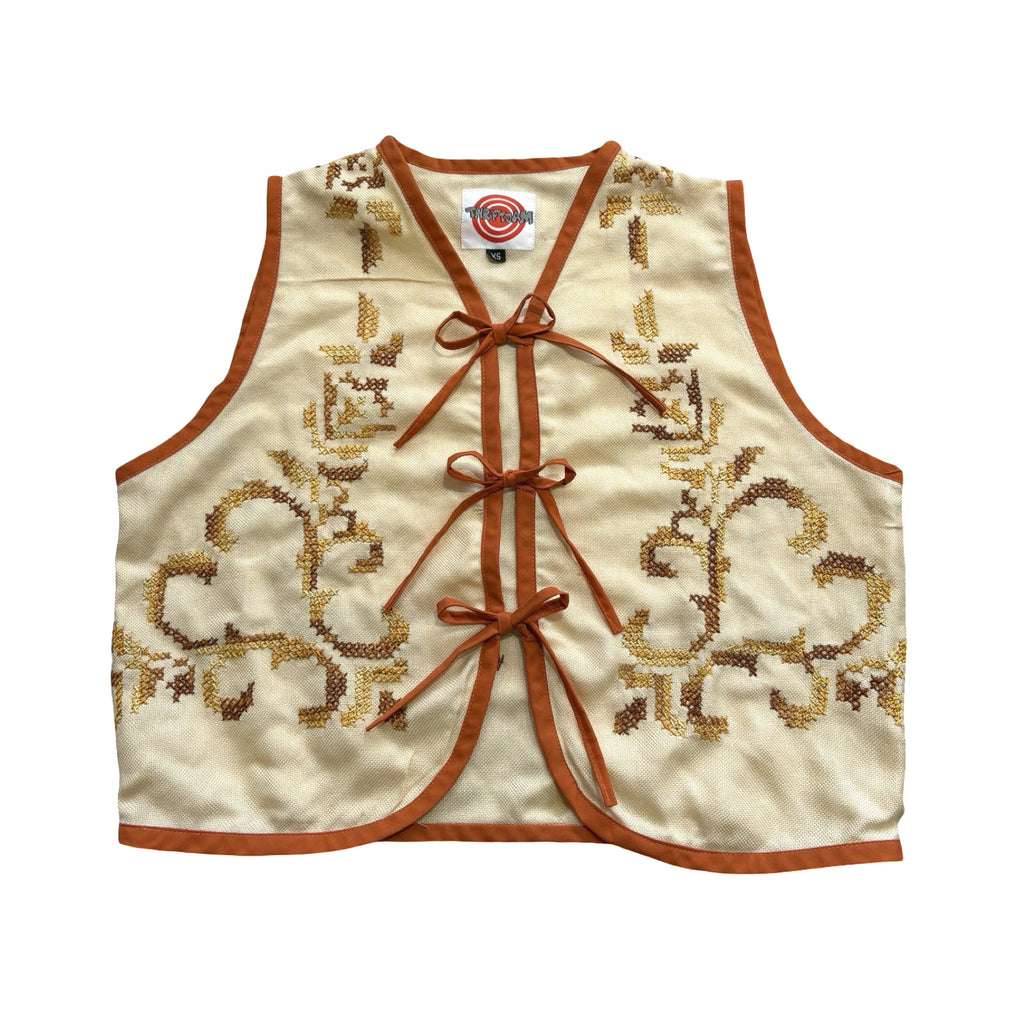 Soft Orange Hatching XS Linen Tie Top Rework