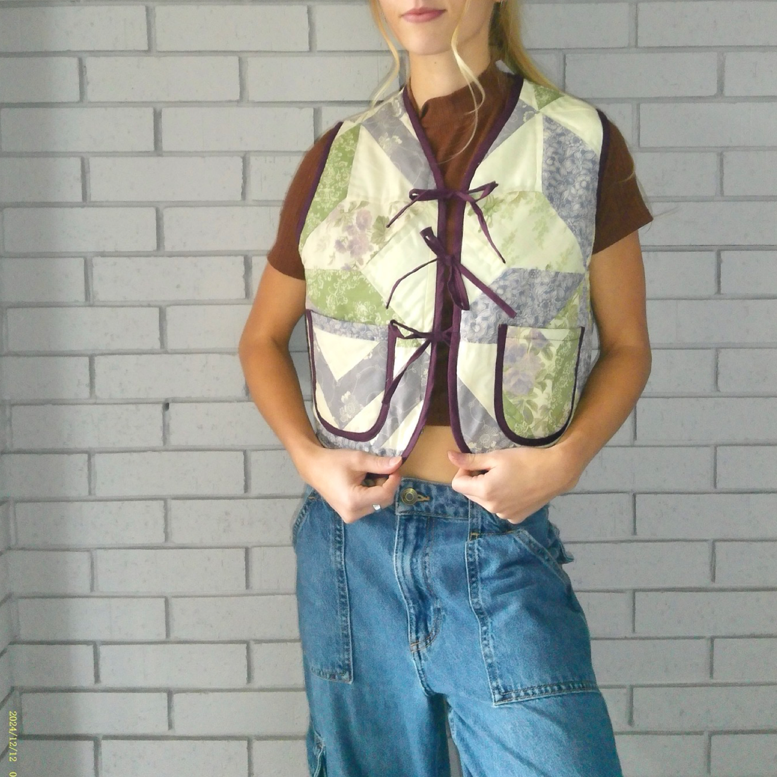 Green & Purple Florals XS Quilted Vest Rework