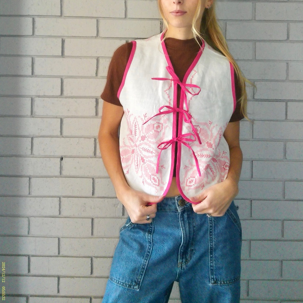 Pixeled Pink Small Linen Tie Top Rework