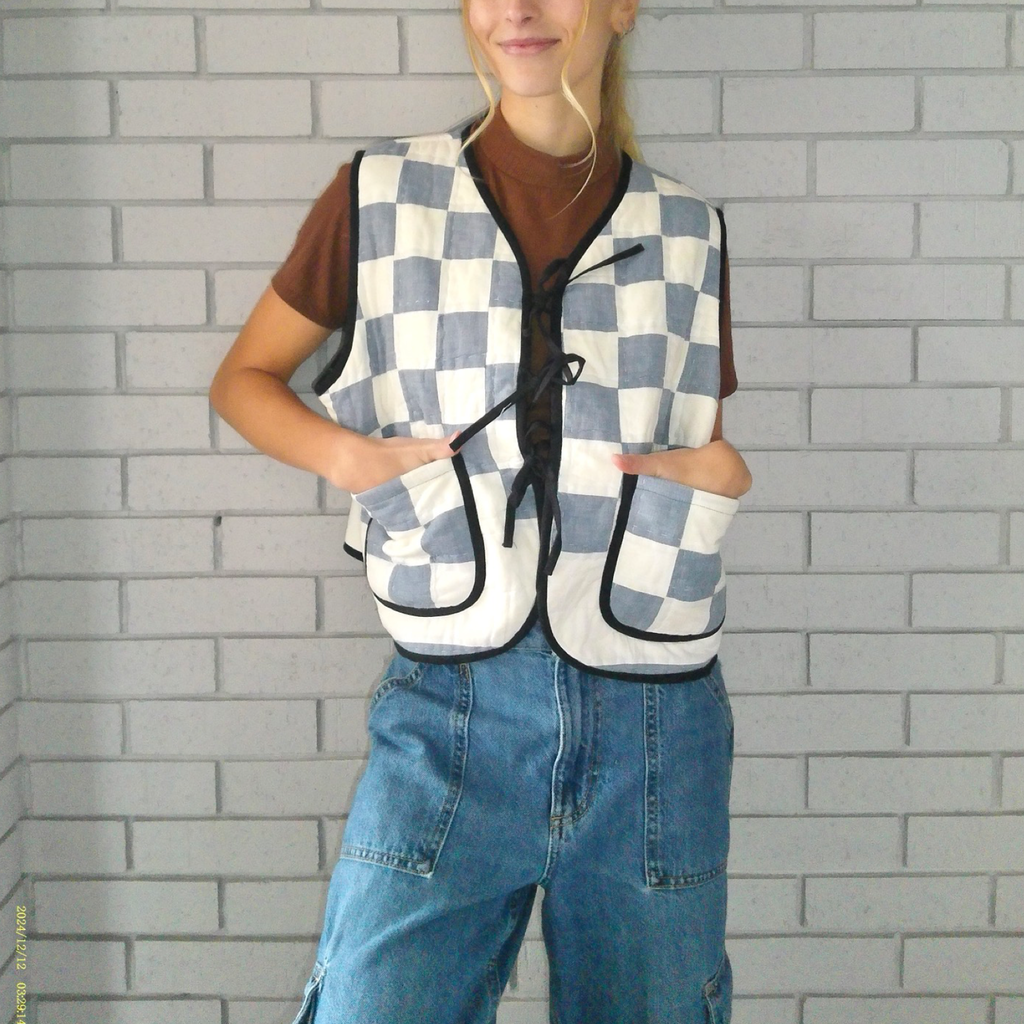 Blue Checkers Large Quilted Vest Rework