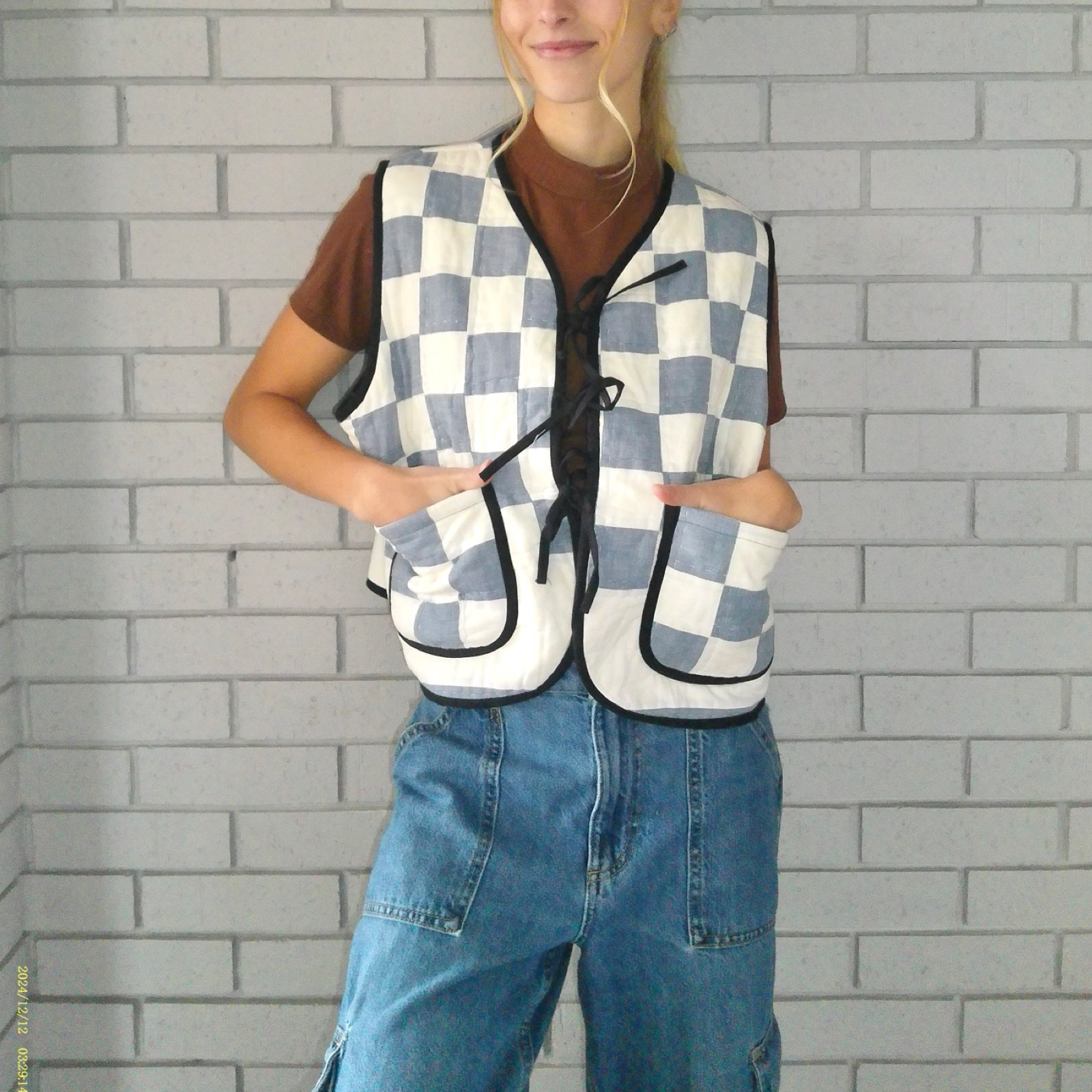 Blue Checkers Large Quilted Vest Rework