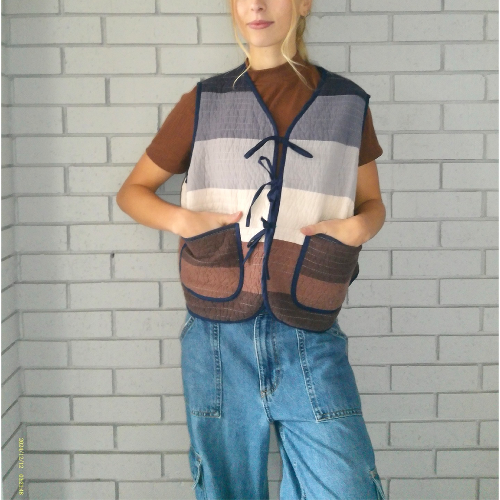 Striped Neutrals Large Quilted Vest Rework