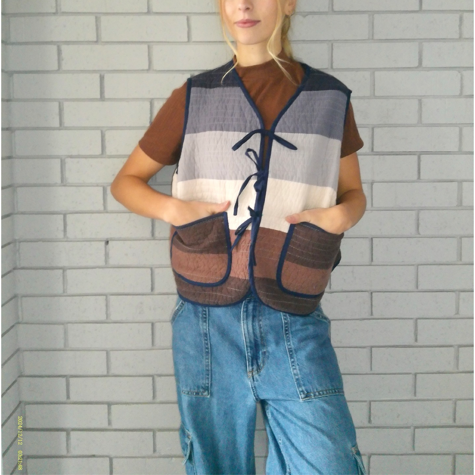 Striped Neutrals Large Quilted Vest Rework