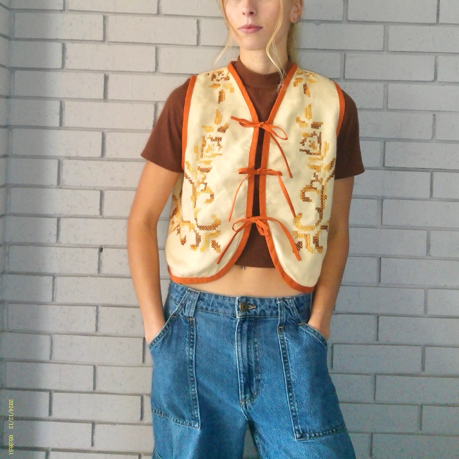 Soft Orange Hatching XS Linen Tie Top Rework
