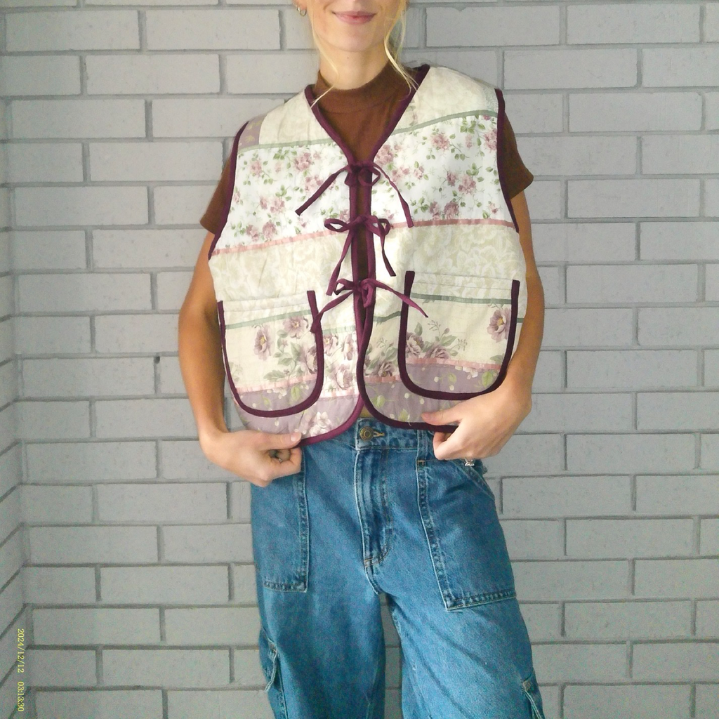Green & Pink Florals Quilted Vest Reworks
