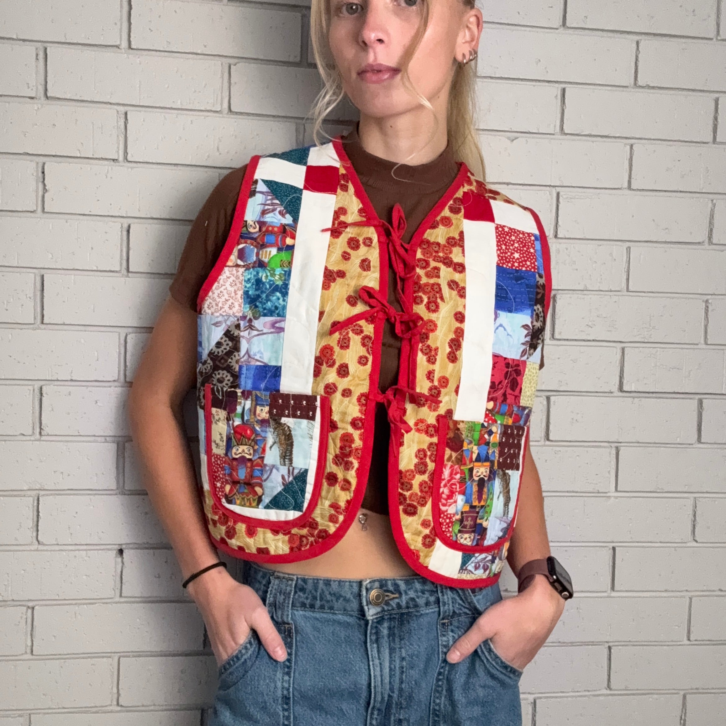 Red Mosaic Patchwork Small Quilted Vest Rework