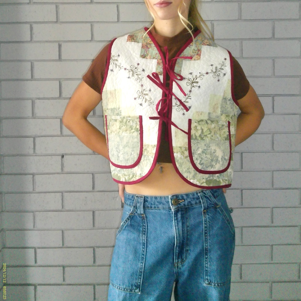 Green Floral Embroidery Quilted Vest Reworks