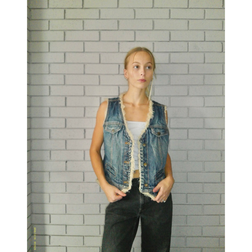 Faux Fur Lined Large Denim Vest