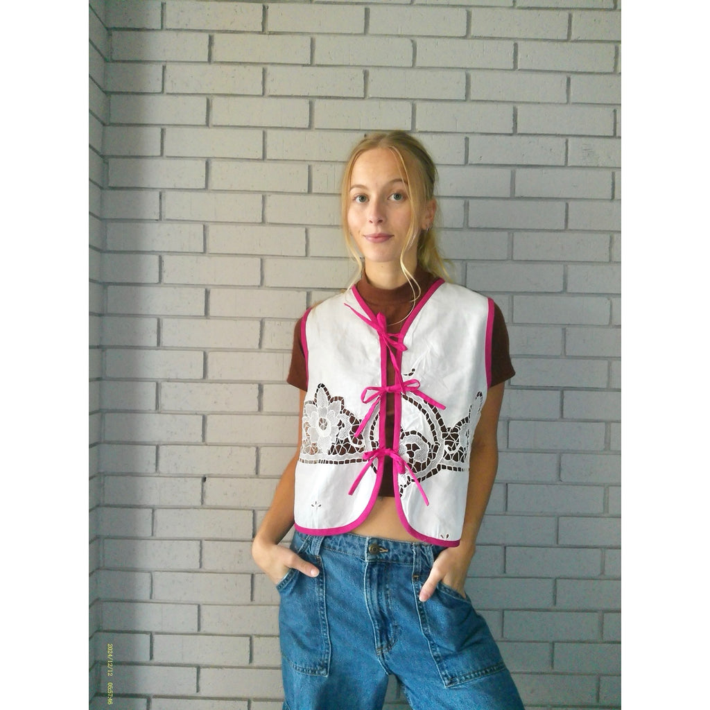 Lacey Pink Small Linen Tie Top Rework