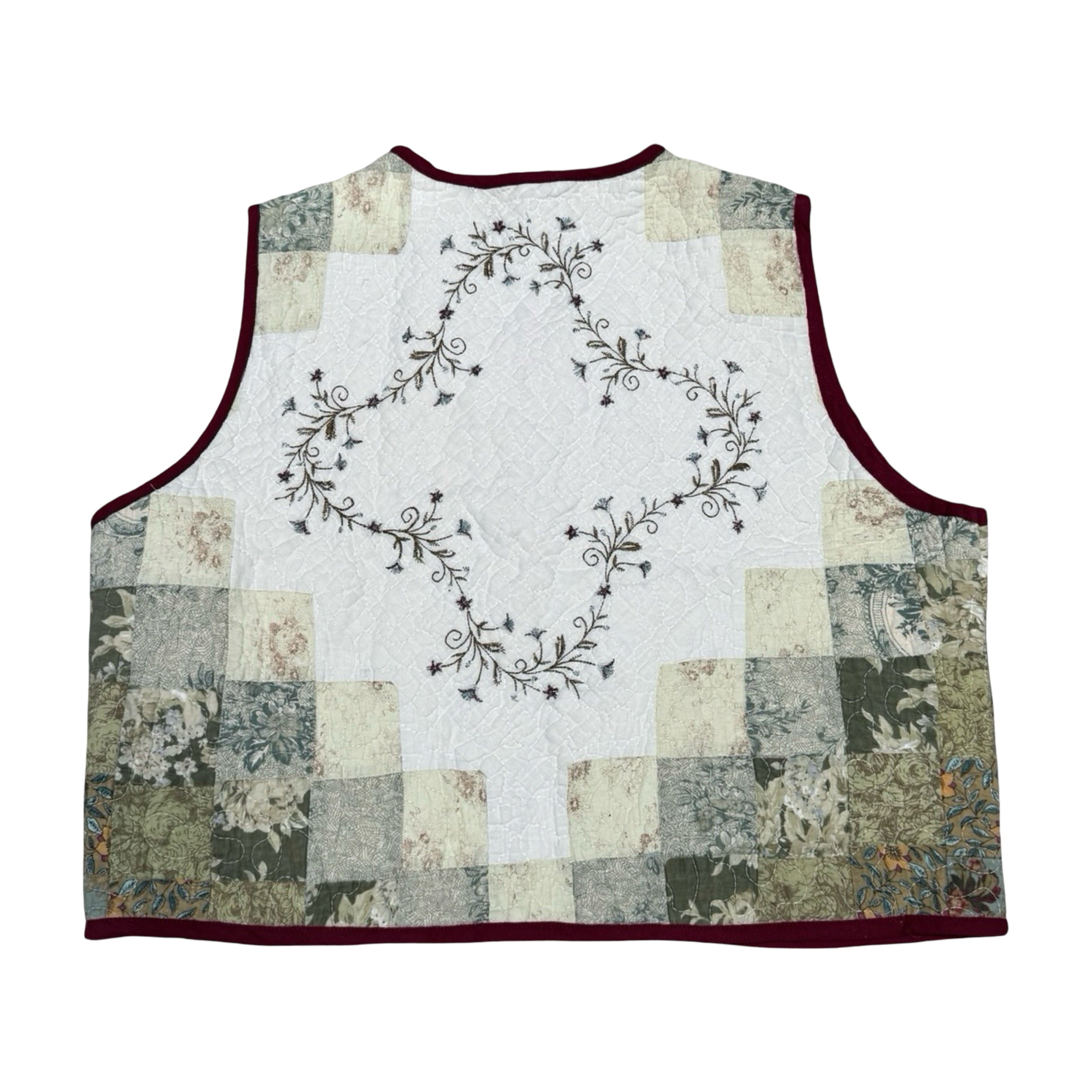 Green Floral Embroidery Quilted Vest Reworks