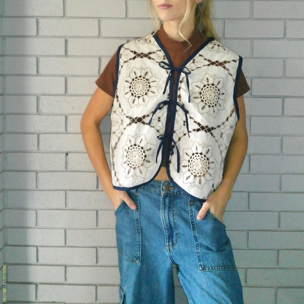 Flowering Navy Large Linen Tie Top Rework