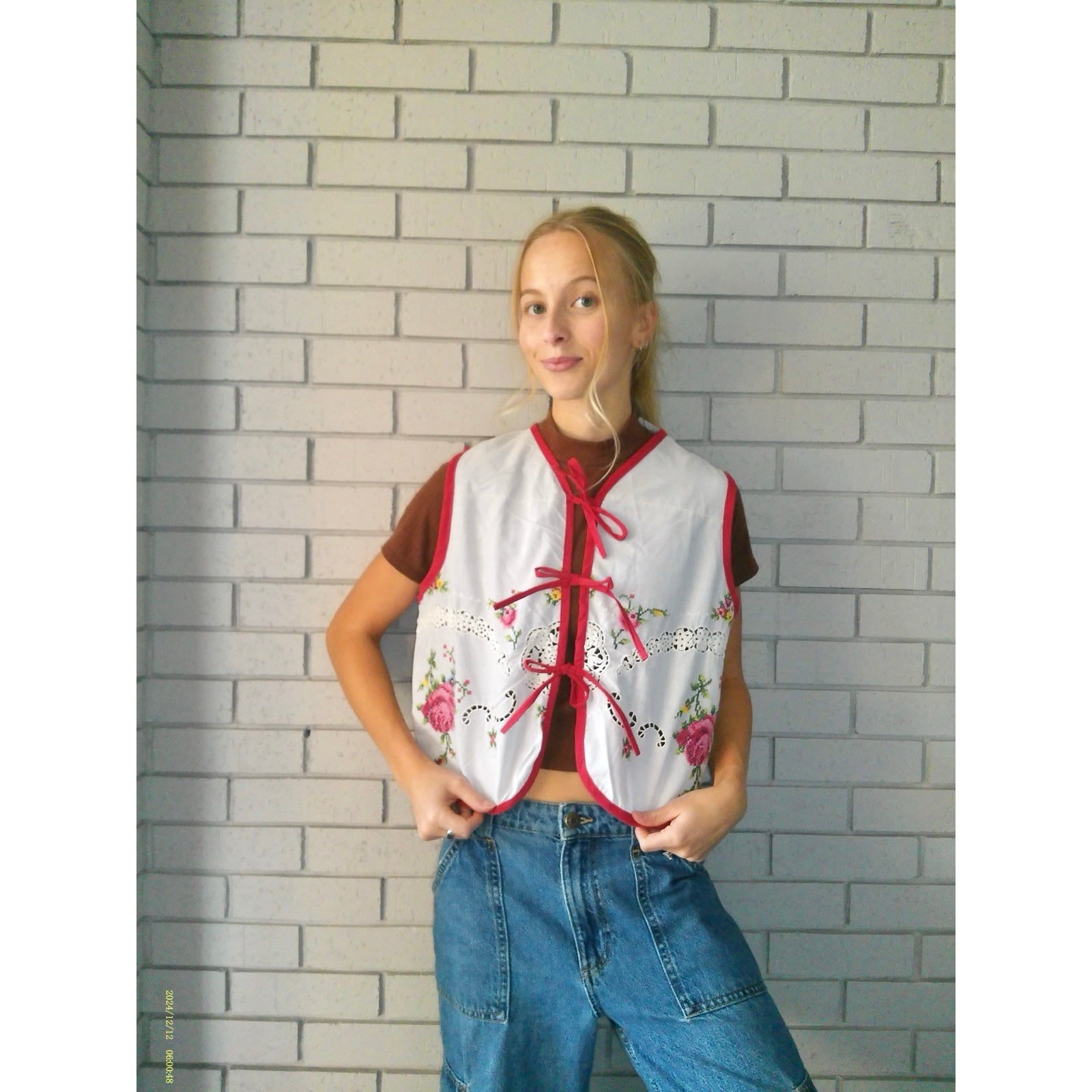 Rosy Red Small Linen Tie Top Rework