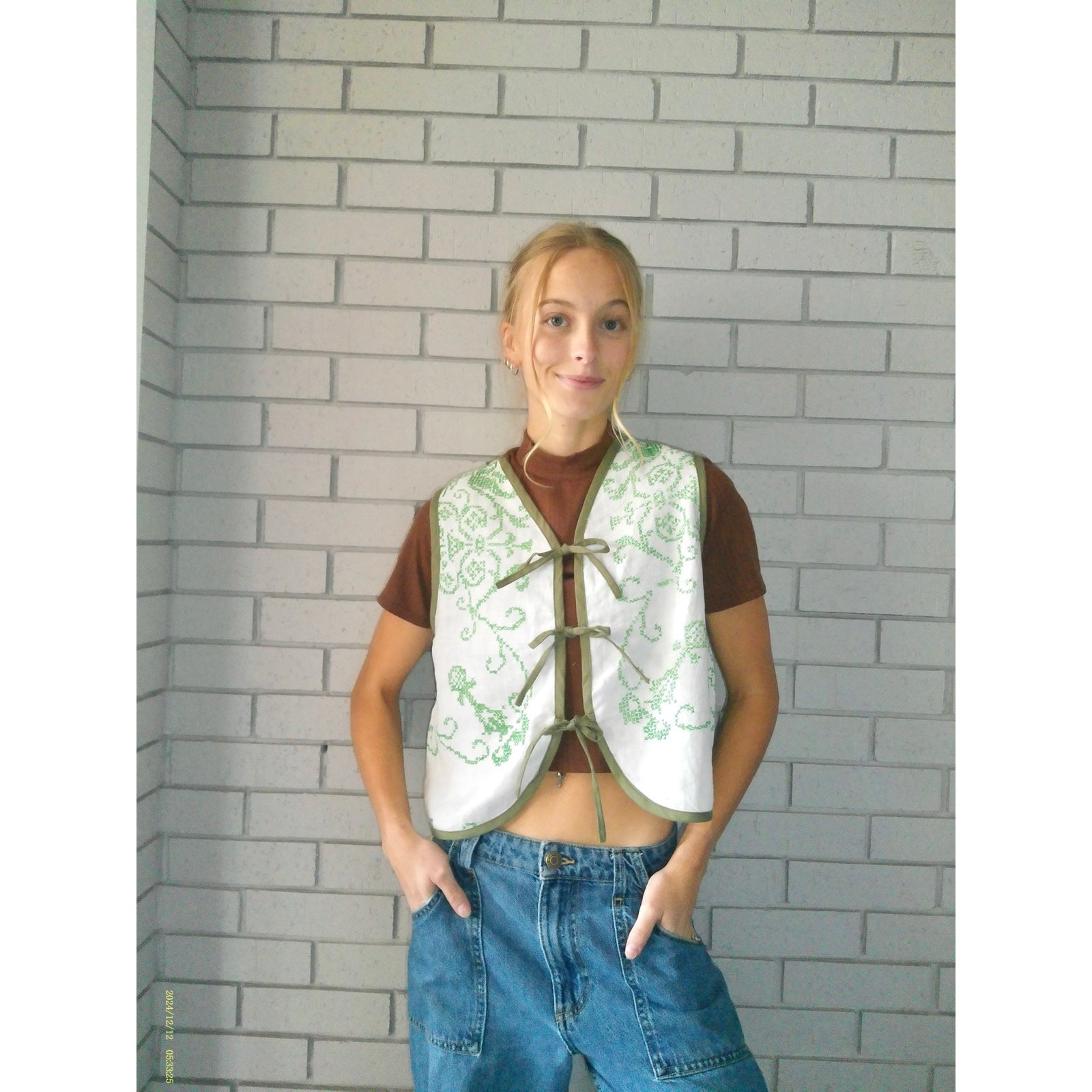 Green Crosshatch XS Linen Tie Top Rework