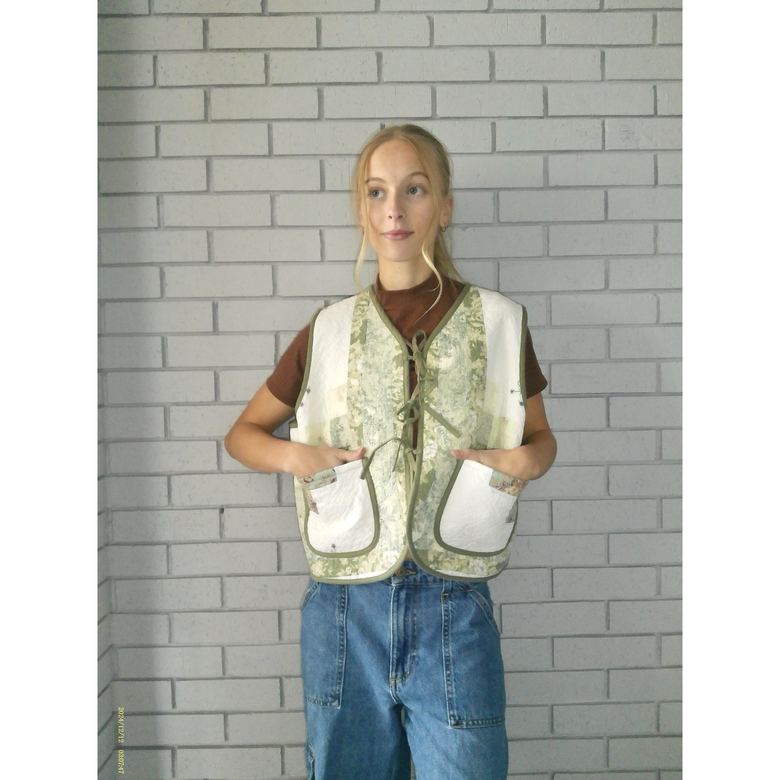 Green Floral Embroidery Quilted Vest Reworks