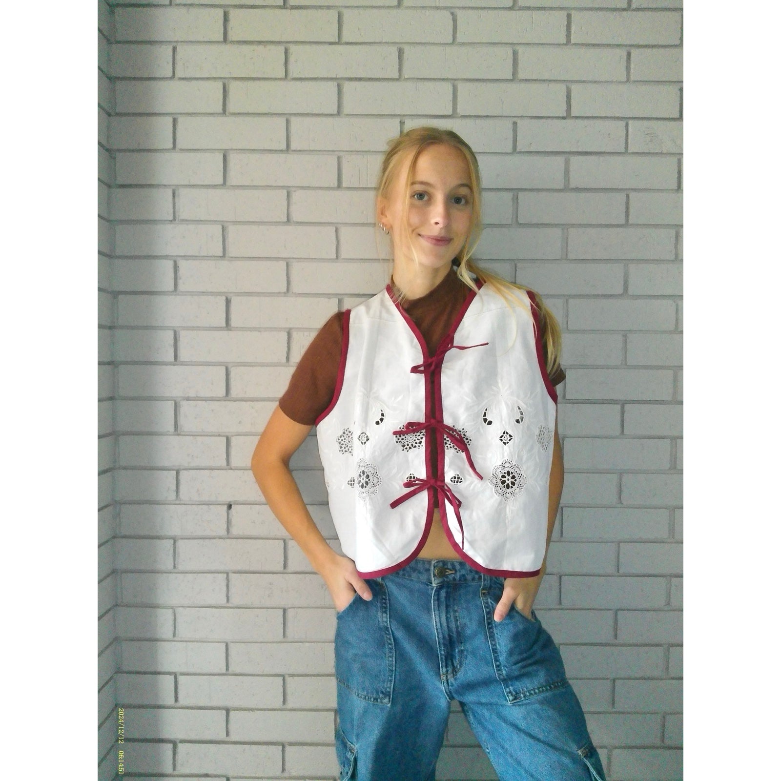 Lacey Maroon Large Linen Tie Top Rework