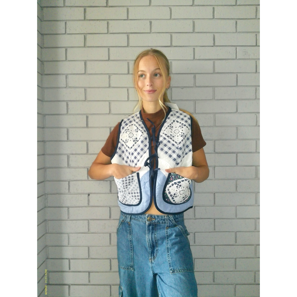 Blue & White Mosaic Quilted Vest Reworks