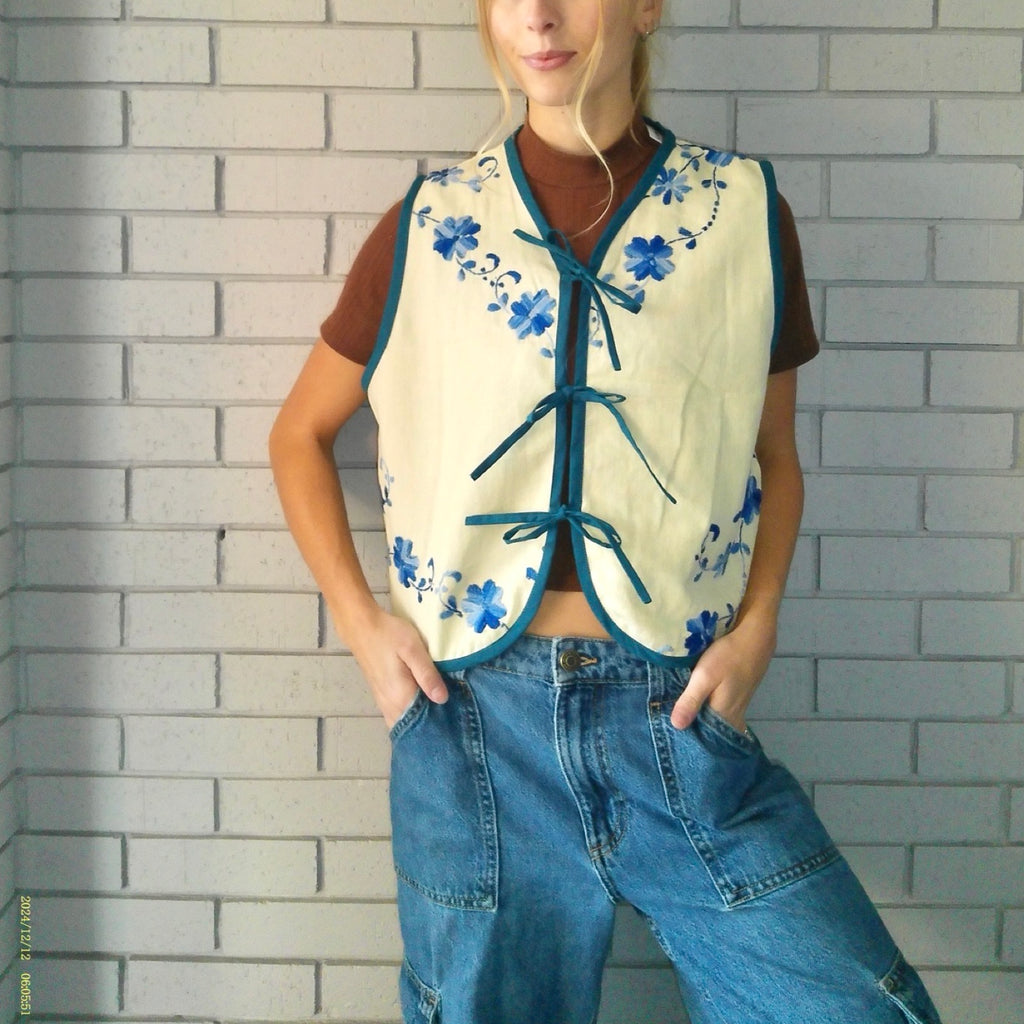 Off White Ocean Floral Medium Linen Tie Top Rework