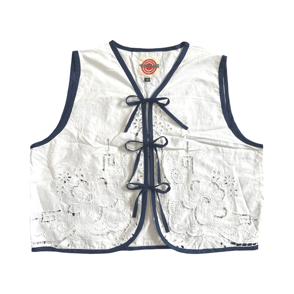 Navy Bloom Medium Linen Tie Top Rework