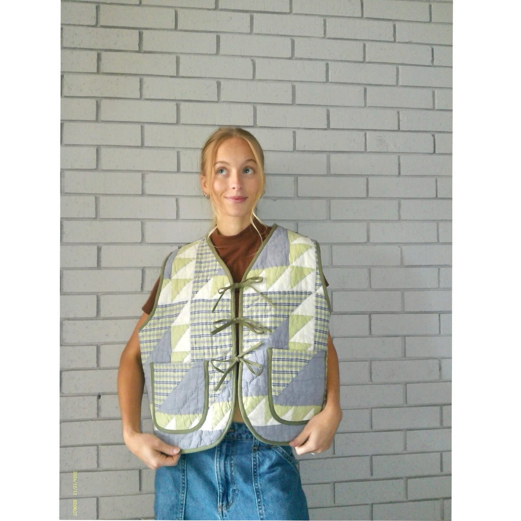Gingham Greens & Blues Quilted Vest Rework