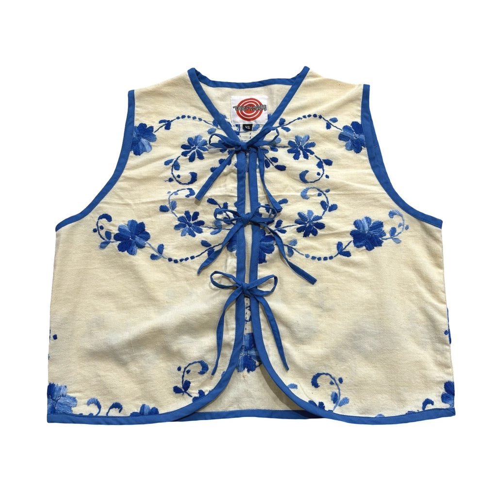 Blue Florals XS Linen Tie Top Rework
