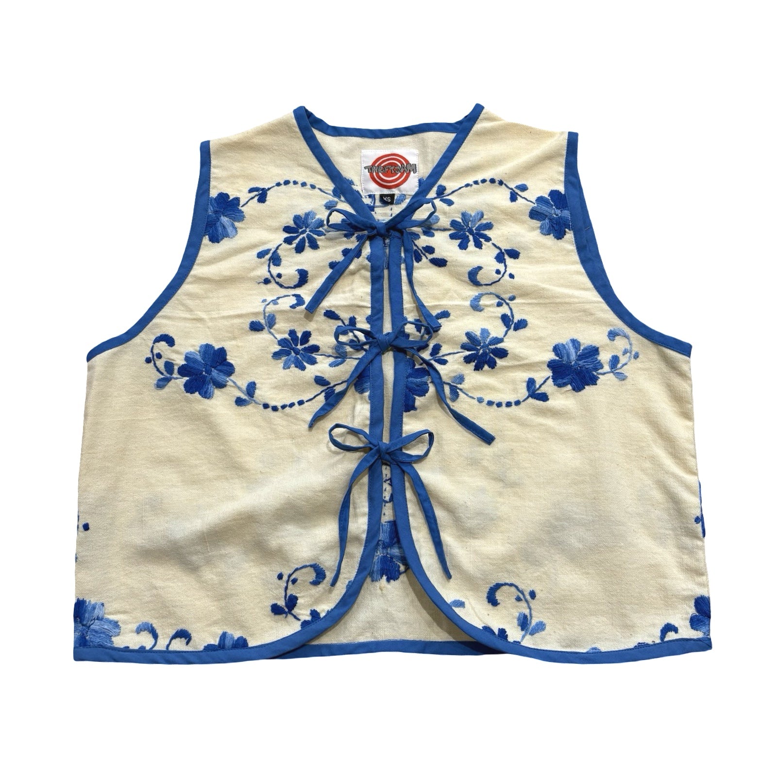 Blue Florals XS Linen Tie Top Rework