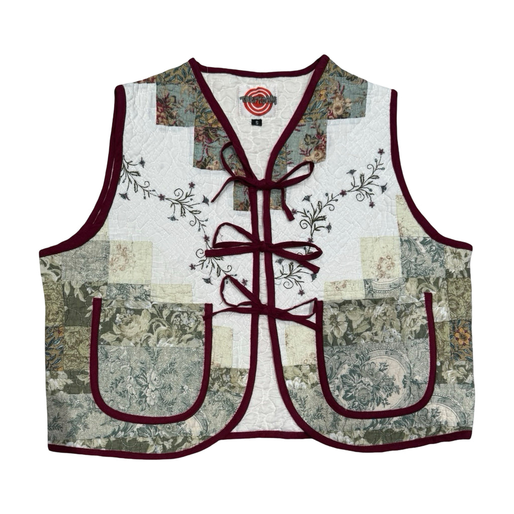 Green Floral Embroidery Quilted Vest Reworks