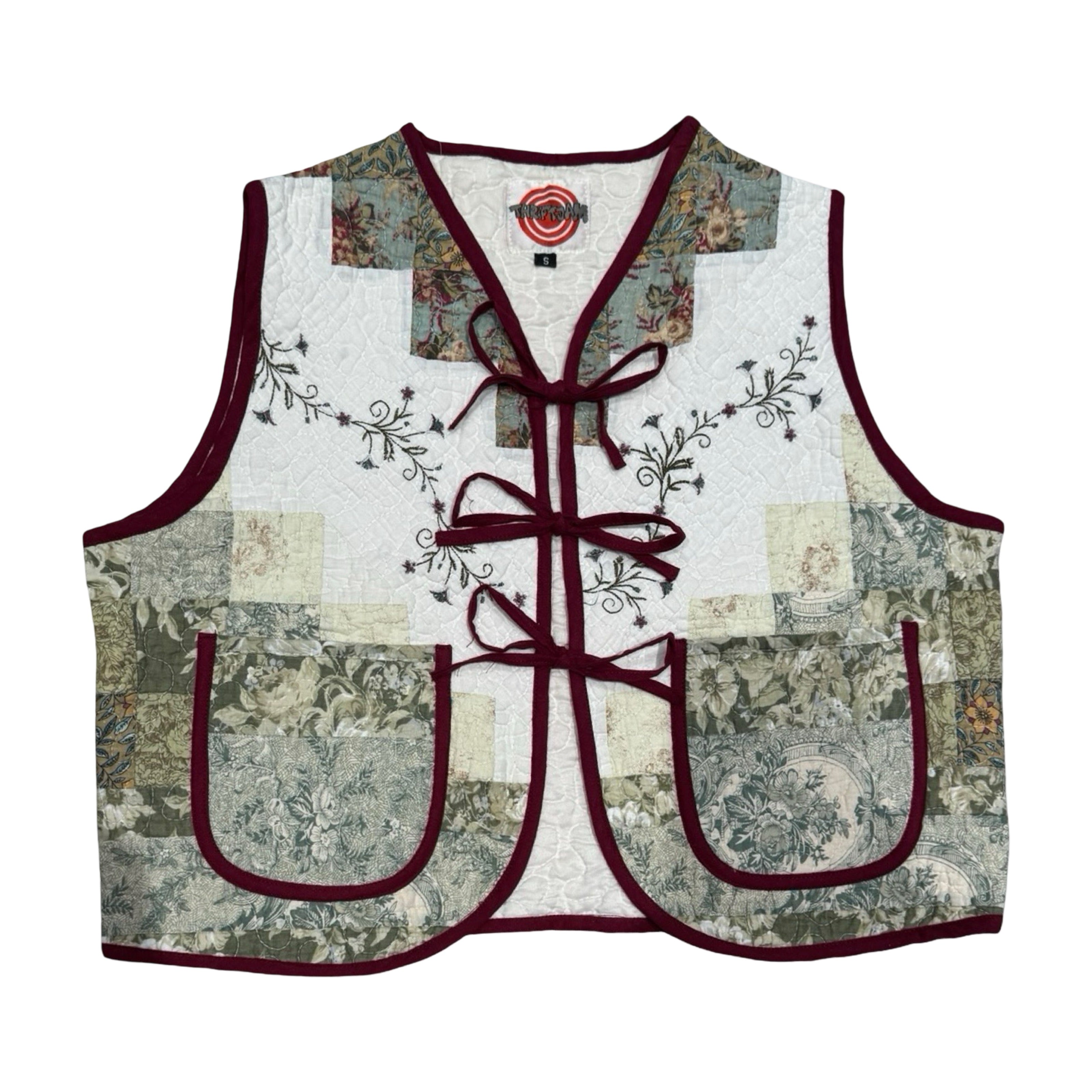 Green Floral Embroidery Quilted Vest Reworks