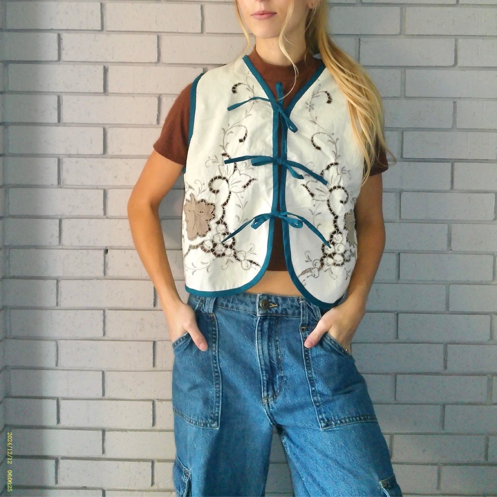 Blue Lace Medium Linen Tie Top Rework