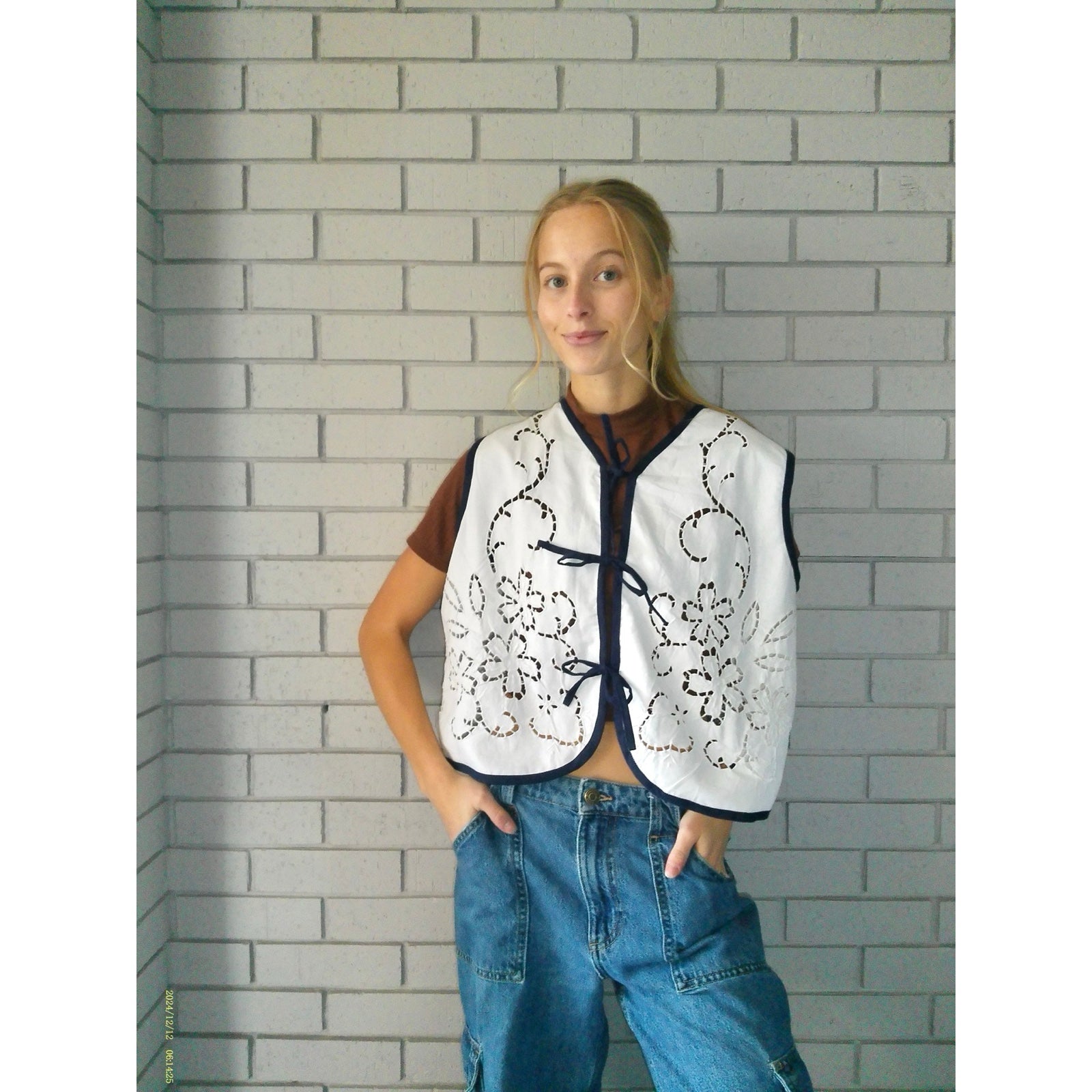 Navy Bloom Large Linen Tie Top Rework