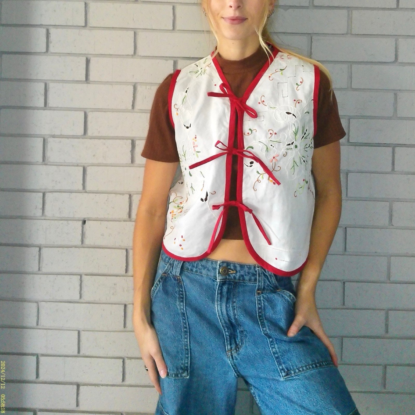 Colorful Cranberries Small Linen Tie Top Rework