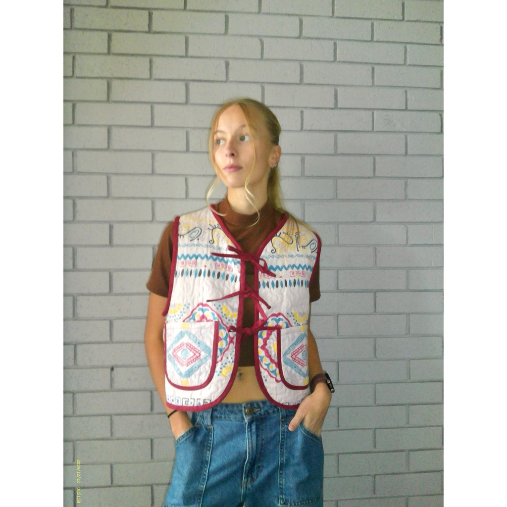 Patterned Primary Colors Medium Quilted Vest Rework