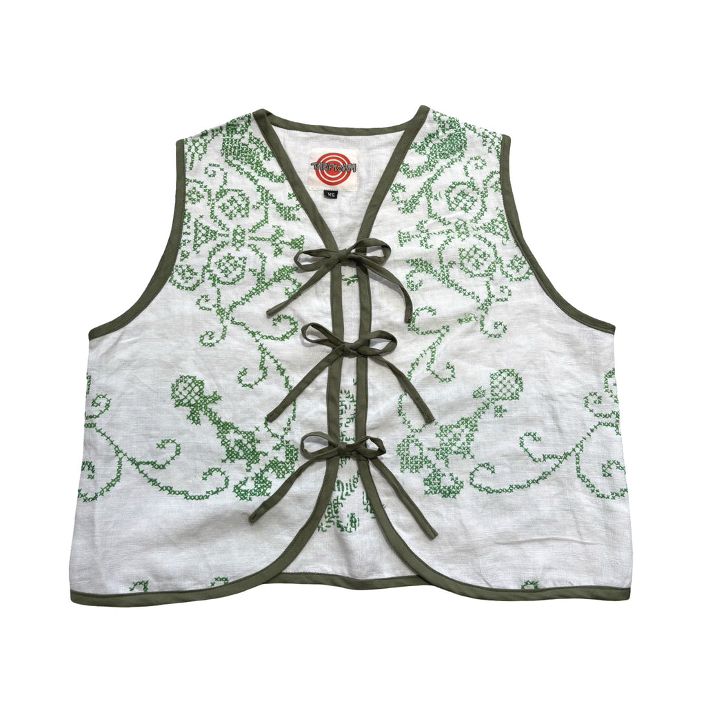 Green Crosshatch XS Linen Tie Top Rework