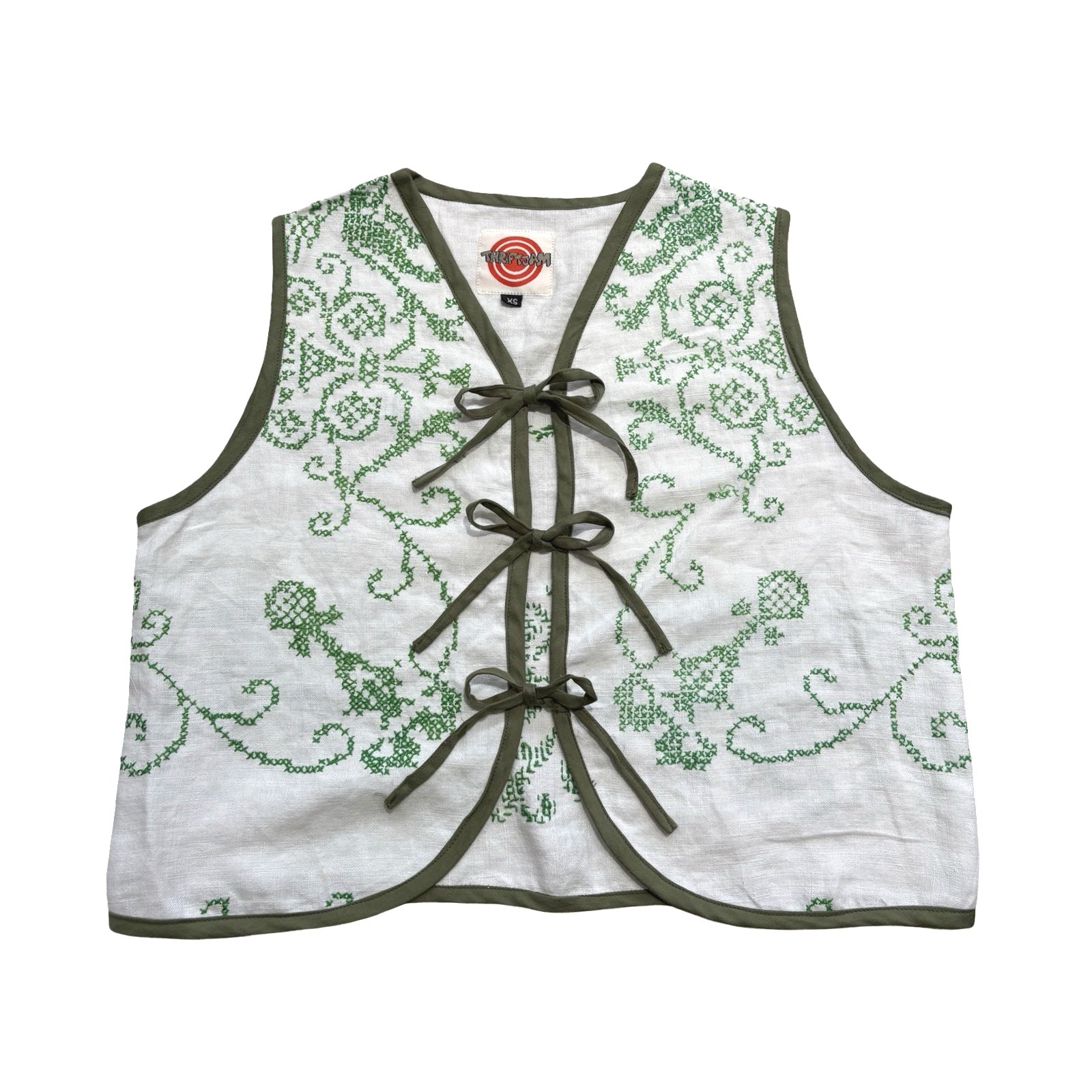 Green Crosshatch XS Linen Tie Top Rework