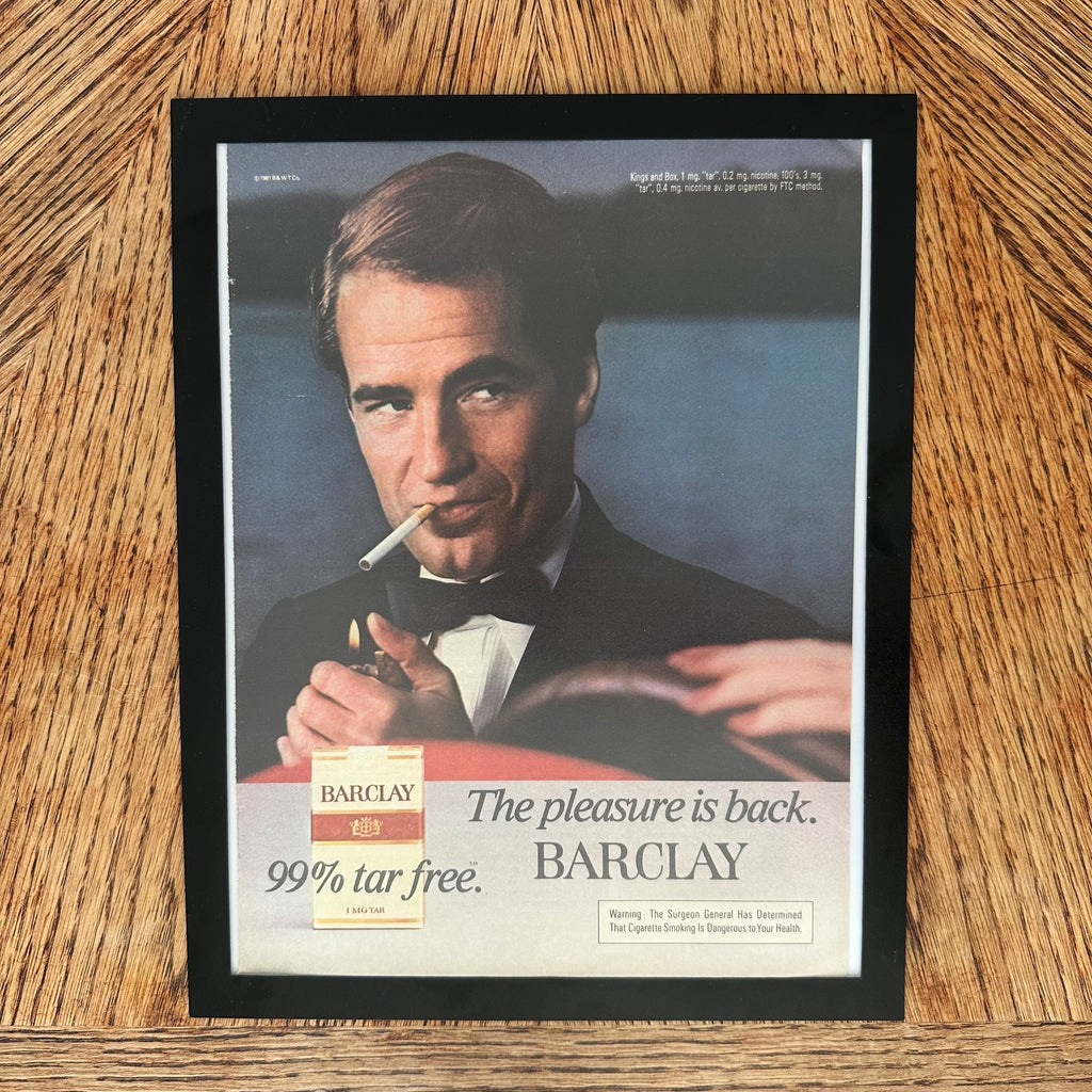 Barclay Cigarettes The Pleasure Is Back 99 Tar Free Framed Vintage Magazine Ad