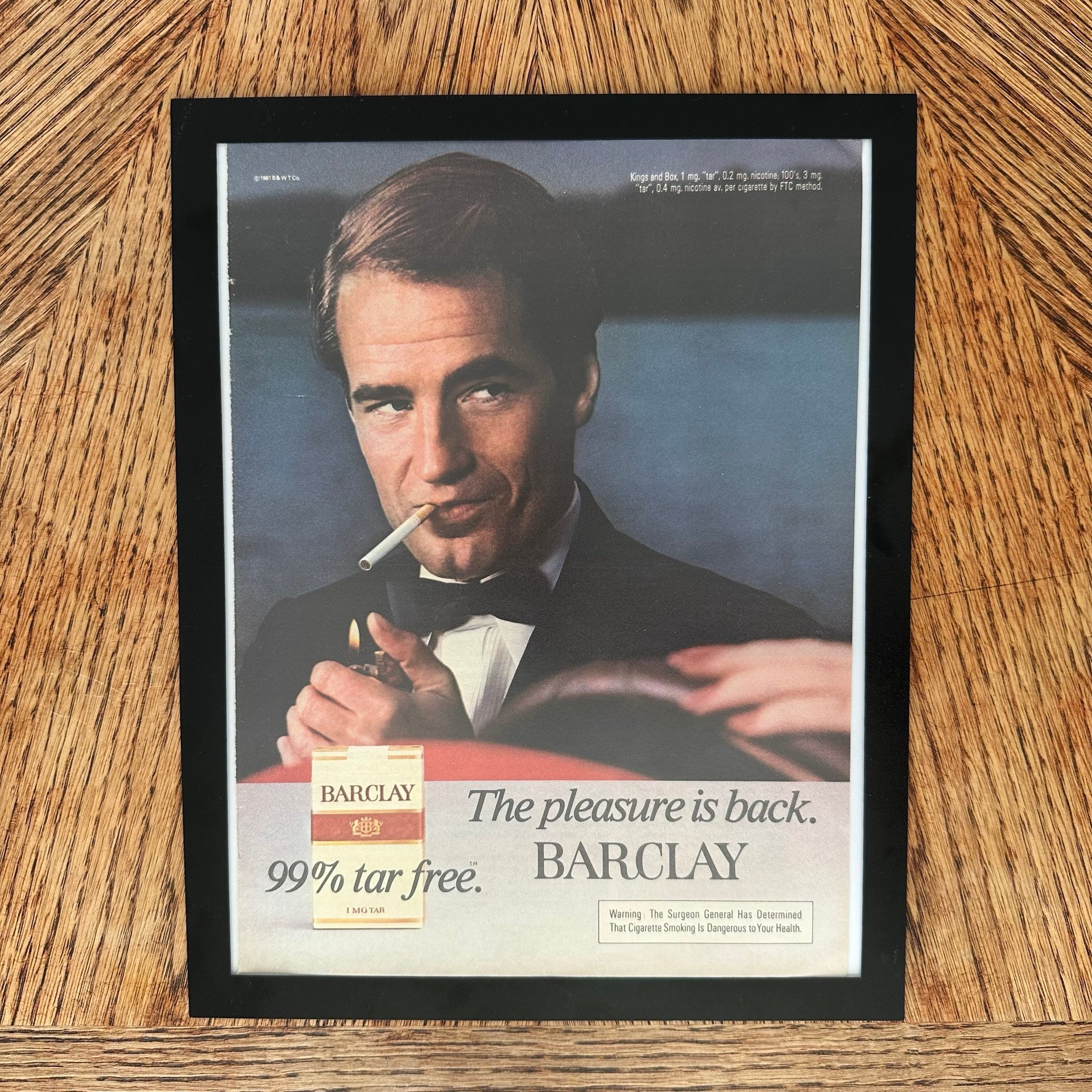 Barclay Cigarettes The Pleasure Is Back 99 Tar Free Framed Vintage Magazine Ad