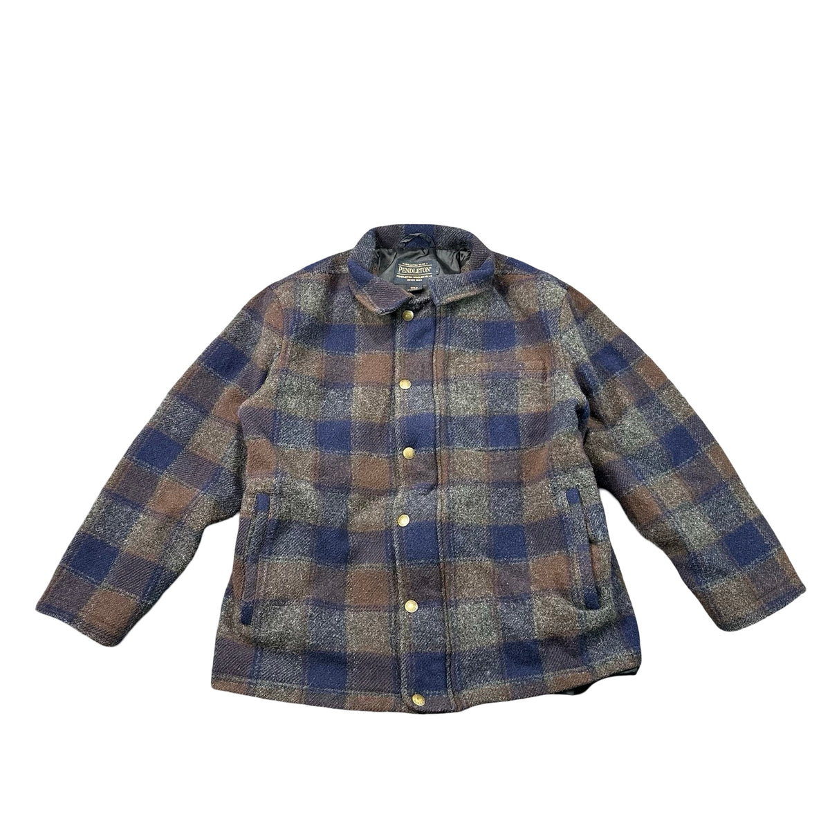 Vintage Pendleton Wool Plaid Zip Barn Coat Corduroy Collar Navy Brown Mens L